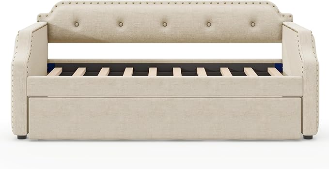 Twin Size Upholstered Daybed with Trundle, Wooden Day Sofa Bed Frame for Bedroom Living Guest Room, Wood Slat Support, Space Saving, Beige - LeafyLoom