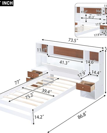 Merax Wood Bed Frame with Storage Headboard and Drawers, Twin Size Platform Bed with Nightstands, No Box Spring Needed White - LeafyLoom