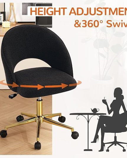 Furniliving Home Vanity Desk Chair, Modern Cute Desk Chairs Adjustment Height Chair with Swivel Wheels Upholstered Sherpa Gold Metal Base for Makeup Living Room Bedroom,Black - LeafyLoom