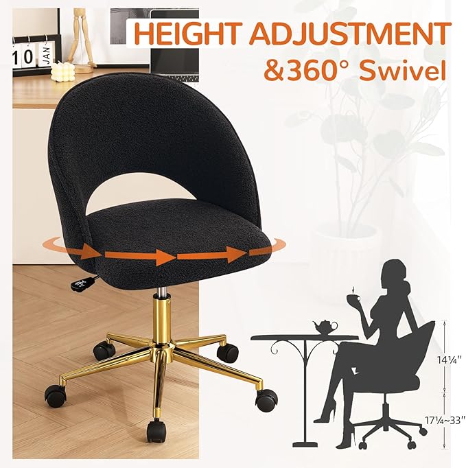 Furniliving Home Vanity Desk Chair, Modern Cute Desk Chairs Adjustment Height Chair with Swivel Wheels Upholstered Sherpa Gold Metal Base for Makeup Living Room Bedroom,Black - LeafyLoom