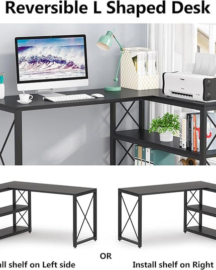 Tribesigns Reversible Industrial L-Shaped Desk with Storage Shelves, Corner Computer Desk PC Laptop Study Table Workstation for Home Office Small Space (Black, 53") - LeafyLoom