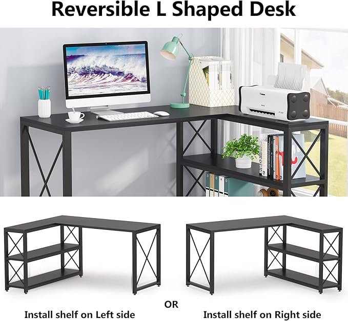 Tribesigns Reversible Industrial L-Shaped Desk with Storage Shelves, Corner Computer Desk PC Laptop Study Table Workstation for Home Office Small Space (Black, 53") - LeafyLoom