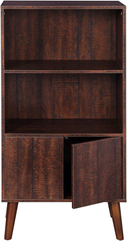 VASAGLE Bookcase, 2-Tier Retro Bookshelf with Doors, Storage Cabinet for Books, Photos, Decorations in Living Room, Office, Study, Mid-Century Style, Walnut Color ULBC09BY - LeafyLoom