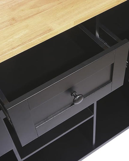 Kitchen Island with Drop-Leaf Countertop, Kitchen-Cart on 5 Universal Wheels with Open Shelves, Storage Cabinet and 3 Drawers, Large Rubberwood Top Breakfast Bar, for Dining Room - LeafyLoom