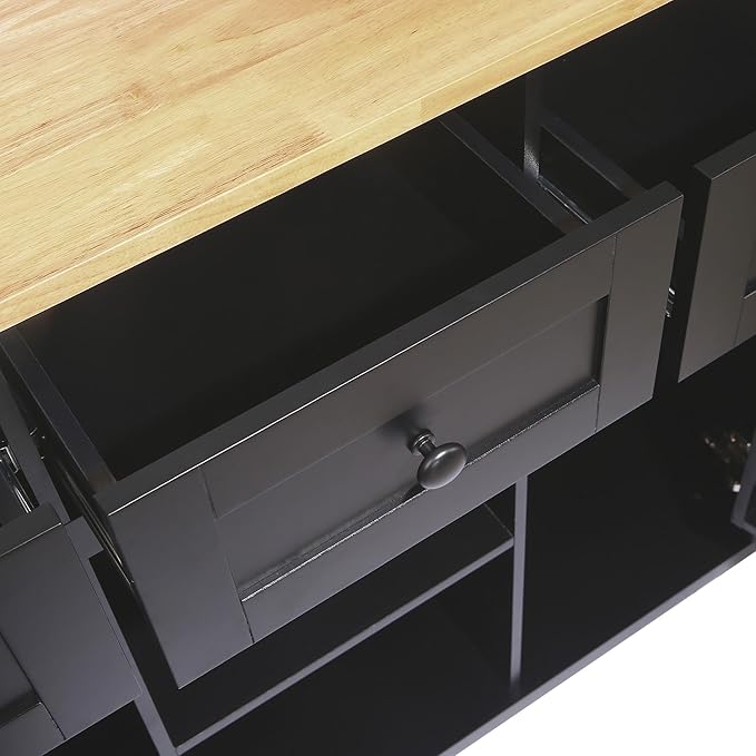 Kitchen Island with Drop-Leaf Countertop, Kitchen-Cart on 5 Universal Wheels with Open Shelves, Storage Cabinet and 3 Drawers, Large Rubberwood Top Breakfast Bar, for Dining Room - LeafyLoom
