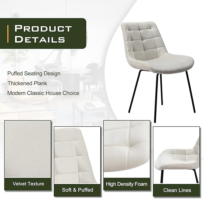 NicBex Velvet Dining Chairs, Upholstered Reception Chairs, Tufted Accent Chair with Metal Legs for Home Kitchen, Living Room, Set of 2, White - LeafyLoom