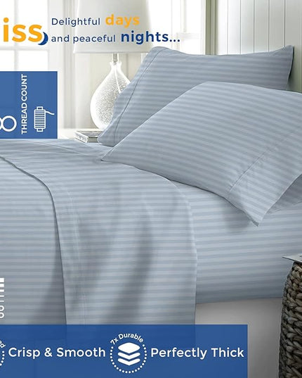 THREAD SPREAD Luxury Egyptian Cotton Queen Stripe Sheet Set, 600 Thread Count Extra Long Staple 4 PC Set, Queen Damask Sheets, Soft, Cooling Sateen Weave Sheets Upto 18" Deep Pocket - Light Blue - LeafyLoom