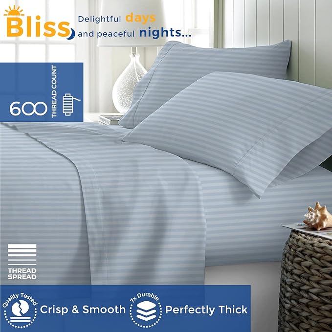 THREAD SPREAD Luxury Egyptian Cotton Queen Stripe Sheet Set, 600 Thread Count Extra Long Staple 4 PC Set, Queen Damask Sheets, Soft, Cooling Sateen Weave Sheets Upto 18" Deep Pocket - Light Blue - LeafyLoom