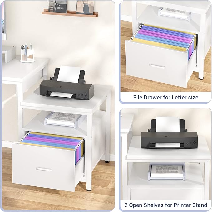 Aheaplus L Shaped Desk with Power Outlet, Standing Home Office Desk with Lift Top and File Drawer, 63'' Corner Computer Desk with Monitor Stand&Printer Shelves, Gaming Desk with Led Lights, White - LeafyLoom