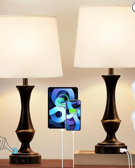 Touch Lamps for Bedrooms Set of 2 - Nightstand Table Lamp with USB C+A, 3 Way Dimmable Bedside Lamps for Living Room End Tables Set of 2, Farmhouse Night Stand Lamps for Bed Side Guest Room(White) - LeafyLoom