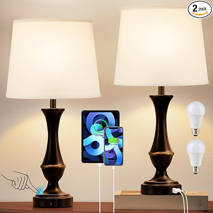 Touch Lamps for Bedrooms Set of 2 - Nightstand Table Lamp with USB C+A, 3 Way Dimmable Bedside Lamps for Living Room End Tables Set of 2, Farmhouse Night Stand Lamps for Bed Side Guest Room(White) - LeafyLoom