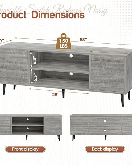 YESHOMY Modern TV Stand for 65" Television, Entertainment Center with Two Storage Cabinets, Retro Style Media Console for Living Room, Bedroom, Office, 58 Inch, Light Gray - LeafyLoom