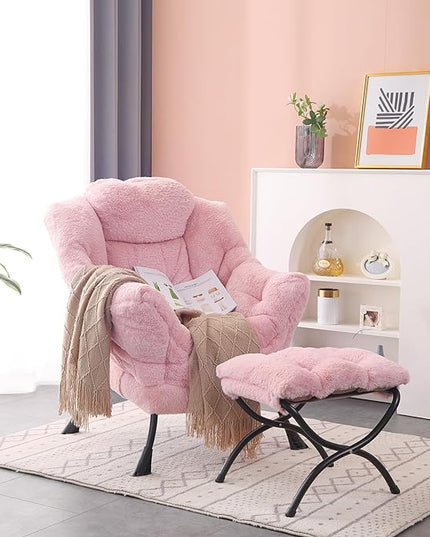 Lazy Chair with Ottoman, Modern Accent Chair Contemporary Lounge Leisure Upholstered Sofa Chair Set with Armrests, Reading Chair for Living Room, Bedroom, Office, Plush Pink - LeafyLoom
