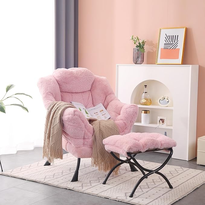 Lazy Chair with Ottoman, Modern Accent Chair Contemporary Lounge Leisure Upholstered Sofa Chair Set with Armrests, Reading Chair for Living Room, Bedroom, Office, Plush Pink - LeafyLoom