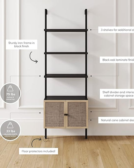 Nathan James Theo Modern Bookcase with Rattan Cabinet in Matte Black and Light Oak Finish with Matte Black Metal Frame for Living Room, Home Office Storage - LeafyLoom