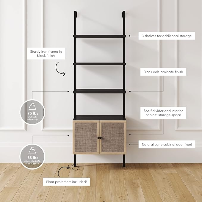 Nathan James Theo Modern Bookcase with Rattan Cabinet in Matte Black and Light Oak Finish with Matte Black Metal Frame for Living Room, Home Office Storage - LeafyLoom