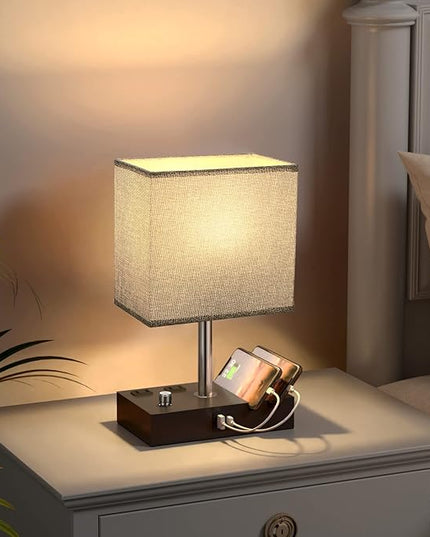 Kakanuo Fully Dimmable Bedside Lamps for Bedroom with USB C Ports, Grey USB Table Lamp Set of 2, Wooden Desk Lamp with 2 Charging Outlets and Phone Stand for Nightstand and Living Room, Bulb Included - LeafyLoom