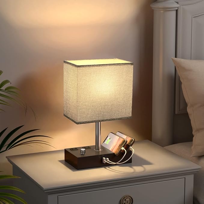Kakanuo Fully Dimmable Bedside Lamps for Bedroom with USB C Ports, Grey USB Table Lamp Set of 2, Wooden Desk Lamp with 2 Charging Outlets and Phone Stand for Nightstand and Living Room, Bulb Included - LeafyLoom