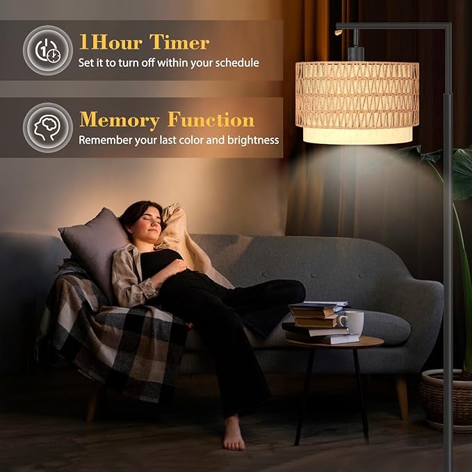 Pesare Rattan Floor Lamp Boho with Remote Control for Living Room,Stepless Dimmable LED Floor Lamp with 4 Color Temperature,Standing Lamps with Tall lamp for Living Room, Bedroom,Office… - LeafyLoom