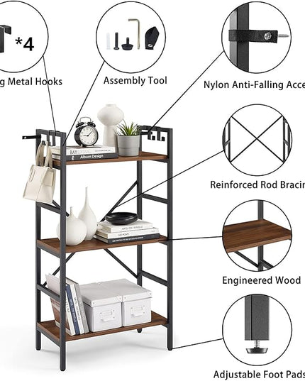 3 Tier Bookshelf, Bookcase Shelf Storage Organizer, Modern Book Shelf for Bedroom, Living Room and Home Office, Wood & Metal (Rustic Walnut) - LeafyLoom