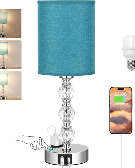 Green Touch Bedside Lamps for Bedrooms - Crystal Table Lamp with USB C+A Charging Port and AC Outlet Nightstand, 3 Way Dimmable Silver Small End Side Table Lamp for Living/Guest/Dinning Room/Kitchen - LeafyLoom