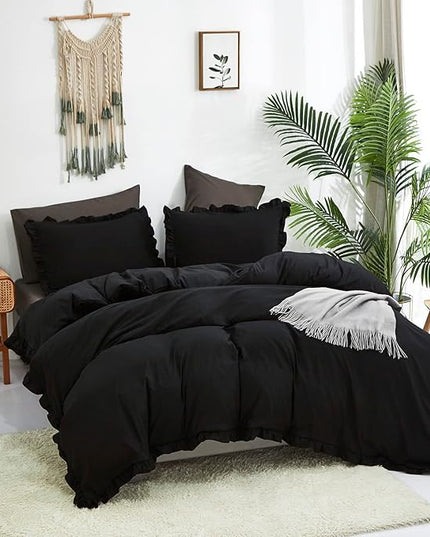 Black Ruffled Comforter Set Cal King Size Bedding Set Women Black Ruffles Blanket Men California King Ruffled Comforter Farmhouse Ruffle Fringe Design Girls 3 PCs Black Ruffled Bedding Set - LeafyLoom