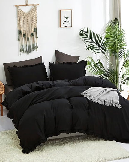 Black Ruffled Comforter Set Full Size Bedding Set Women Black Ruffles Blanket Men Black Ruffled Comforter Farmhouse Ruffle Fringe Design Girls 3 PCs Solid Black Ruffled Bedding Set - LeafyLoom