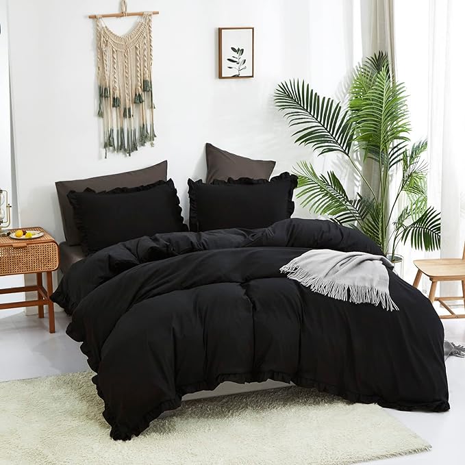 Black Ruffled Comforter Set Full Size Bedding Set Women Black Ruffles Blanket Men Black Ruffled Comforter Farmhouse Ruffle Fringe Design Girls 3 PCs Solid Black Ruffled Bedding Set - LeafyLoom