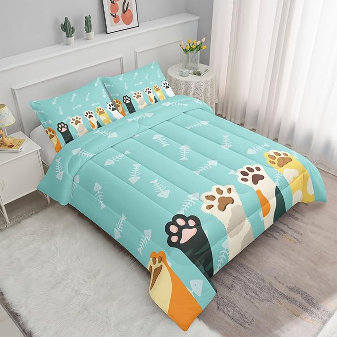 Datura home Cat Paws Comforter Bedding Set for Kids Teens,Cartoon Cat Paws and Fish Bones Pattern Lightweight Cyan Comforter with 2 Pillowcases,3pcs(Cat Paws Full) - LeafyLoom