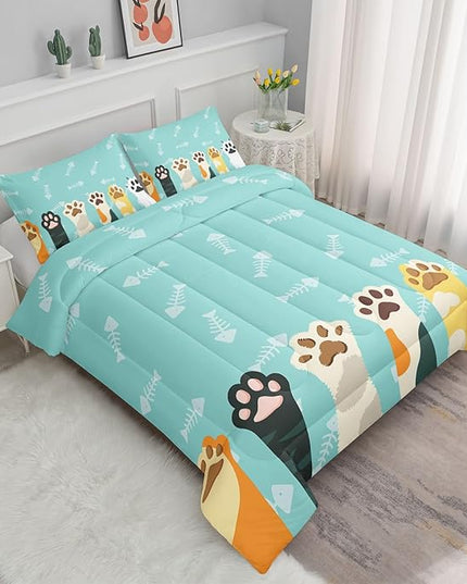 Datura home Cat Paws Comforter Bedding Set for Kids Teens,Cartoon Cat Paws and Fish Bones Pattern Lightweight Cyan Comforter with 2 Pillowcases,3pcs(Cat Paws Twin) - LeafyLoom