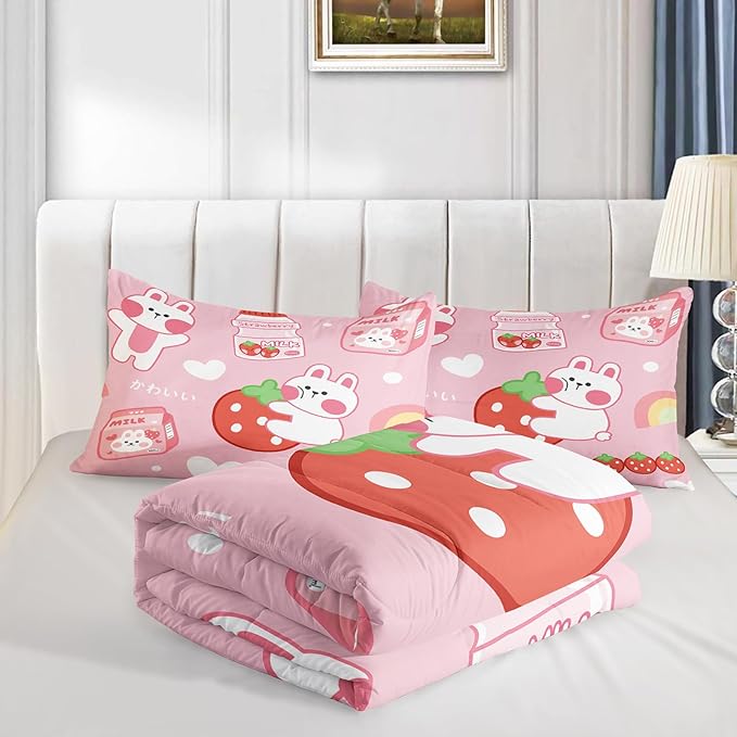 Strawberry Rabbit Comforter Set for Kids Teens Girls Women,Pink Bunny Kids Comforter,1 Comforter with 2 Pillowcase, Microfiber 3 Piece Bedding Set,for All Seasons(Pink，Full Size) - LeafyLoom