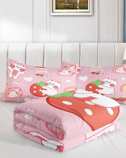 Strawberry Rabbit Comforter Set for Kids Teens Girls Women,Pink Bunny Kids Comforter,1 Comforter with 2 Pillowcase, Microfiber 3 Piece Bedding Set,for All Seasons(Pink，Queen Size) - LeafyLoom