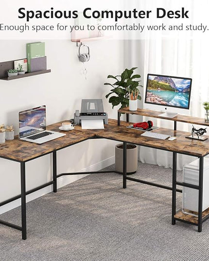 L-Shaped Computer Desk with Monitor Stand and Storage Shelves, Large Corner Desks for Home Office - LeafyLoom