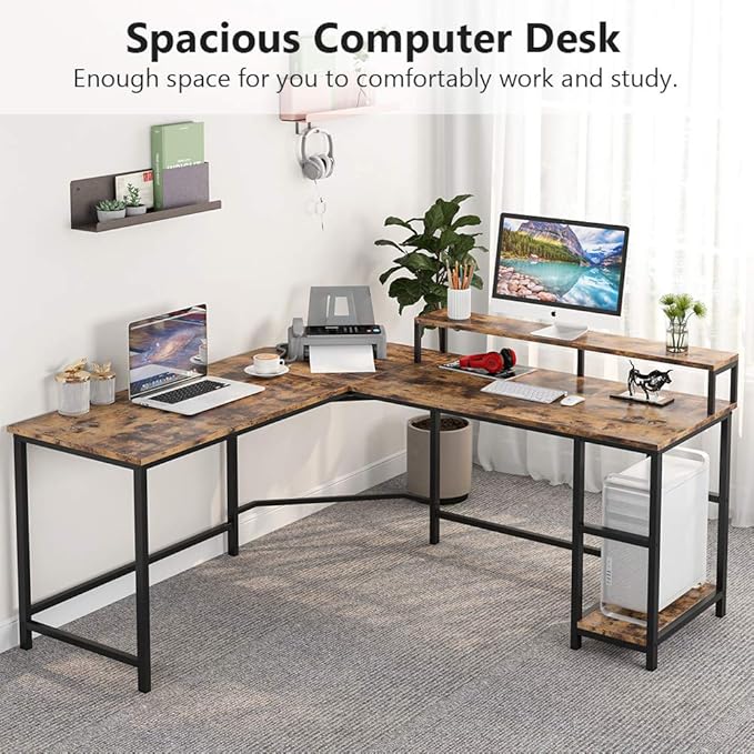 L-Shaped Computer Desk with Monitor Stand and Storage Shelves, Large Corner Desks for Home Office - LeafyLoom