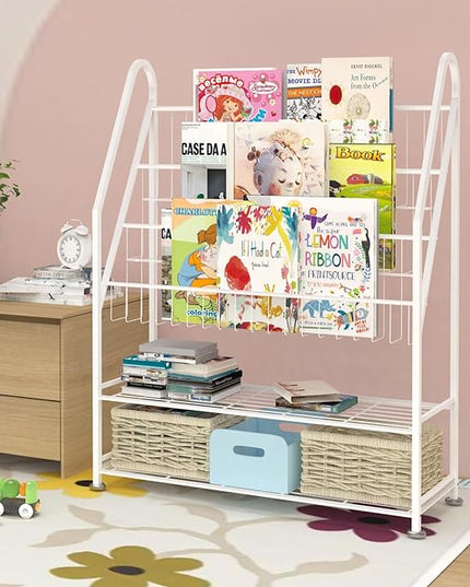 Kids Bookshelf Freestanding for Children Room 32 Inches White Metal Bookcase Large Capacity Books Toys Organizer Stable 5 Tiers Kids Book Rack for Playroom Bookstore Library. - LeafyLoom