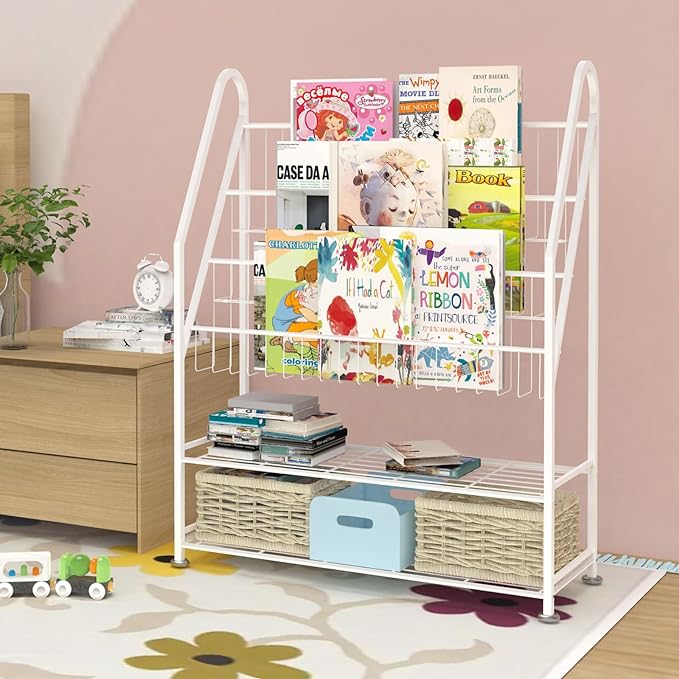 Kids Bookshelf Freestanding for Children Room 32 Inches White Metal Bookcase Large Capacity Books Toys Organizer Stable 5 Tiers Kids Book Rack for Playroom Bookstore Library. - LeafyLoom