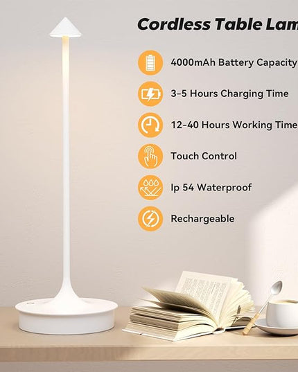 Set of 2 Cordless Table Lamp Rechargeable, Battery Operated Desk Lamp, 4000mAh LED Touch Lamp, Dimmable Portable Outdoor Waterproof Wireless Table Light for Restaurants/Bars/Outdoor(1PC, White) - LeafyLoom
