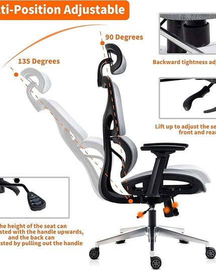 Nouhaus Ergo3D Ergonomic Office Chair Lumbar Support Mesh Office Chair with 4D Adjustable Armrest, Adjustable Headrest and Wheels, Mesh High Back Home Office Desk Chairs (Grey) - LeafyLoom