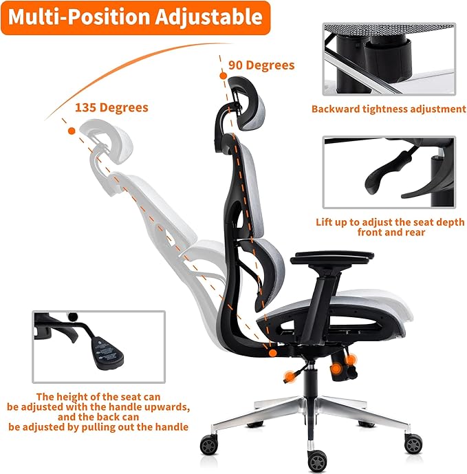 Nouhaus Ergo3D Ergonomic Office Chair Lumbar Support Mesh Office Chair with 4D Adjustable Armrest, Adjustable Headrest and Wheels, Mesh High Back Home Office Desk Chairs (Grey) - LeafyLoom