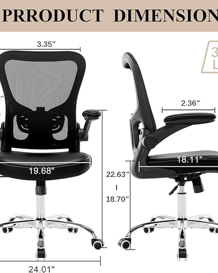 Office Chair,Ergonomic Desk Chair,Mesh Computer Chair with PU Leather Flip-up Armrest,Home Office Chair with Lumbar Support,Adjustable Executive Mid Back Task Chair,Rolling Swivel Office Chairs,Black - LeafyLoom