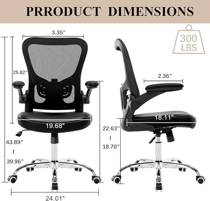 Office Chair,Ergonomic Desk Chair,Mesh Computer Chair with PU Leather Flip-up Armrest,Home Office Chair with Lumbar Support,Adjustable Executive Mid Back Task Chair,Rolling Swivel Office Chairs,Black - LeafyLoom