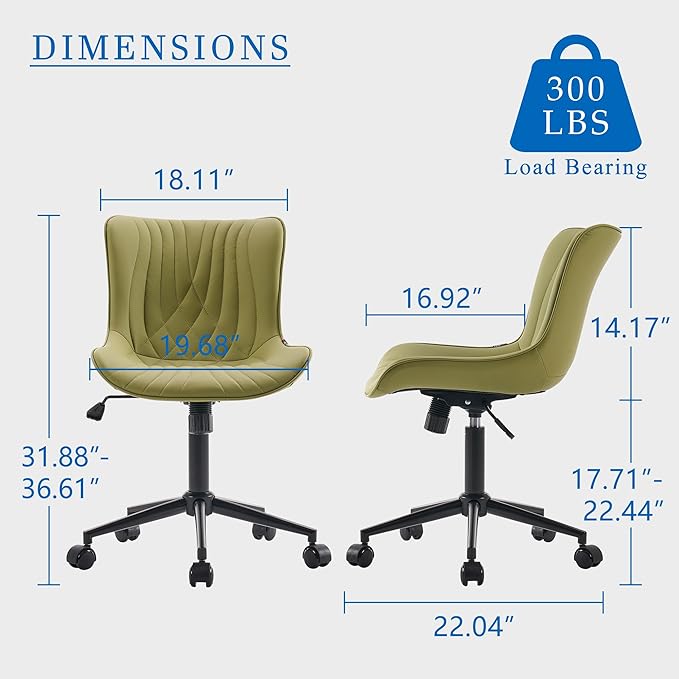 YOUNIKE Office Chair, Armless Desk Chair with Wheels, Home Office Computer Task Chairs, Modern Faux Leather Padded Vanity Chair, Adjustable Swivel Rolling Chairs with Back, Avocado Green - LeafyLoom