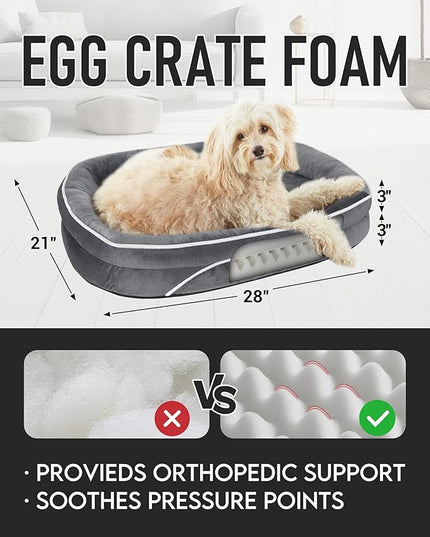 OhGeni Orthopedic Dog Bed Couch for Medium Sized Pets with Egg Foam Support, Four-Sided Bolster Cushions, Soft Tear-Resistant Fabric, and Removable Machine Washable Plush Cover 28-Inch (Gray) OhGeni