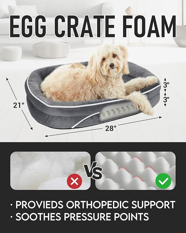 OhGeni Orthopedic Dog Bed Couch for Medium Sized Pets with Egg Foam Support, Four-Sided Bolster Cushions, Soft Tear-Resistant Fabric, and Removable Machine Washable Plush Cover 28-Inch (Gray) OhGeni