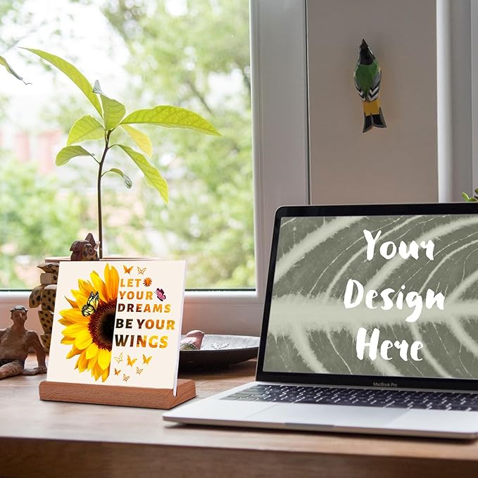 TIKTREE Inspirational Gifts for Women, Let Your Dreams Be Your Wings Positive Sign, Sunflower Motivational Gifts, Cheer Up Gifts for Women, Home Office Desk Decor with Wood Base - LeafyLoom