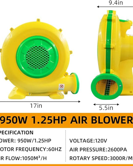 Air Blower for Inflatables, 950Watt 1.25HP Bounce House Blower, Inflatable Bubble House Blower, Electric Fan Pump for Outdoor Inflatable Paint Booth Water Slid， Bouncy Castle, Jumper, Blower Corded - LeafyLoom