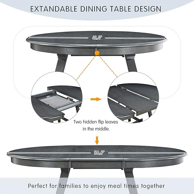 NicBex Small Dining Table Set for 4 Kitchen Table and Chairs 5-Piece Wood Dining Table Set Round Extendable Dining Table with 4 Dining Chairs for Dining Room, Gray - LeafyLoom