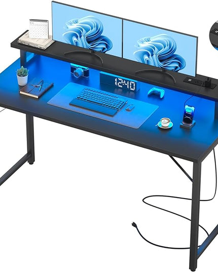 Computer Desk with USB Power Outlets and LED Lights,55 inch Gaming desk with Monitor Stand for Small Space Home Office, Modern Simple Study Writing Table PC Desks, Black - LeafyLoom