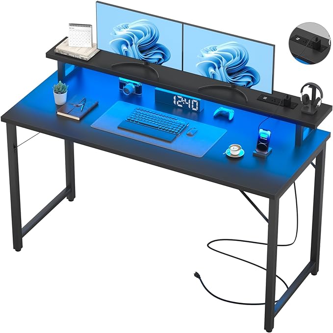 Computer Desk with USB Power Outlets and LED Lights,55 inch Gaming desk with Monitor Stand for Small Space Home Office, Modern Simple Study Writing Table PC Desks, Black - LeafyLoom