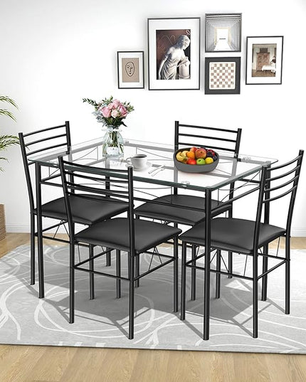 Tangkula 5 Pieces Dining Set 4 Person Home Kitchen Glass Top Table and Chairs Breakfast Furniture, 43.5 x 27.5 x 30 inches,16 x 17 x 34 inches, Black - LeafyLoom